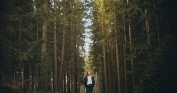 Mulher Gosta Caminhadas Nórdicas Nas Montanhas Florestas Caminhadas Atividades Livre — Vídeo de Stock
