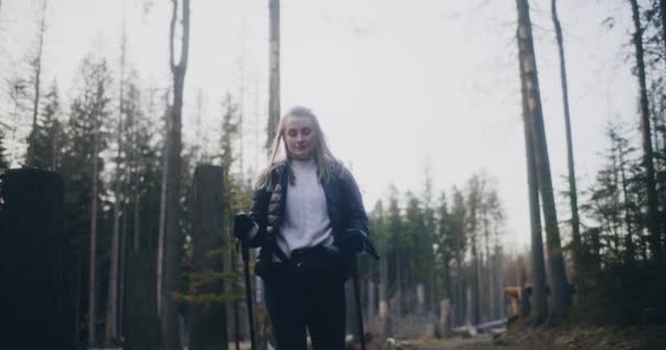Woman Enjoys Nordic Walking Mountains Forests Going Hikes Engaging Outdoor — Stock Video