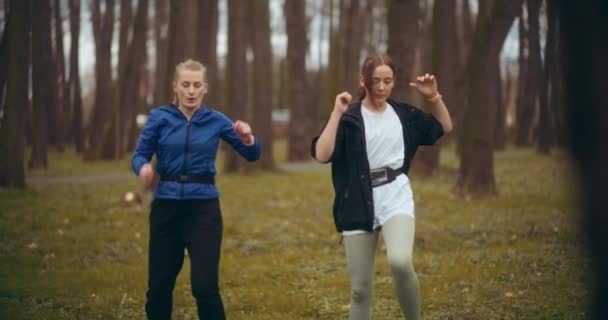 Ženy Jogging Cvičení Parku Nádherná Ukázka Zdraví Fitness — Stock video