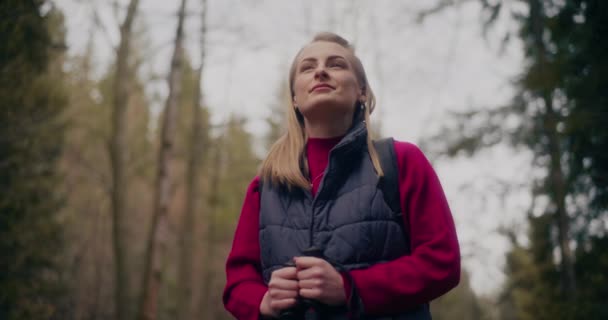 Kobieta Cieszy Nordic Spacery Górach Lasach Dzieje Się Wędrówki Angażuje — Wideo stockowe