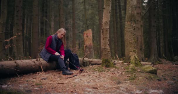 女性は山や森の中でノルディックウォーキングを楽しみます ハイキングに行き 自然の美しさを探索するために屋外活動に従事します — ストック動画
