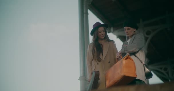 Kvinnor Pratar Och Går Genom Järnvägsstationen Deltar Samtal — Stockvideo