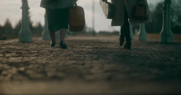 Kvinnor Går Genom Järnvägsstationen Deltar Samtal — Stockvideo