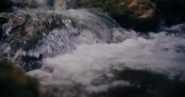 Kış şelalesi bir dağdan aşağı akar, tatlı su ve karla kaplı dağların manzarası ve buzlu ağaçlar, huzurlu ve sakin bir atmosfer yaratır..