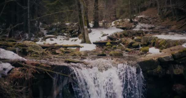 Winter Waterfall Flows Mountain Fresh Water Picturesque View Snow Capped — Stock Video