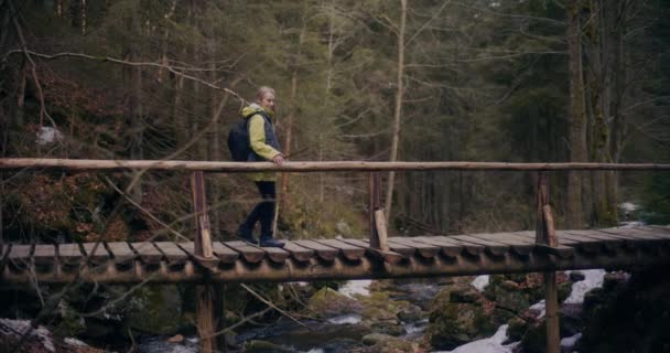 Tourist Walks Rustic Wooden Bridge Nestled Amidst Majestic Mountains — Stock Video
