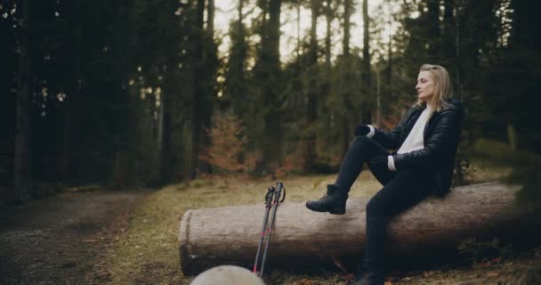 Γυναίκα Απολαμβάνει Σκανδιναβικό Περπάτημα Στα Βουνά Και Δάση Πρόκειται Για — Αρχείο Βίντεο