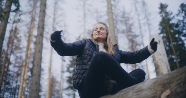 Mulher Gosta Caminhadas Nórdicas Nas Montanhas Florestas Caminhadas Atividades Livre — Vídeo de Stock