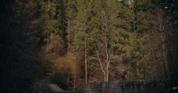 Portrait Successful Female Hiker Standing Bridge Alone — Stock Video