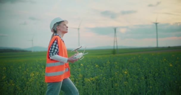 风力发电场建设中的工程师形象绿色能源生态概念无人机检测远程服务 — 图库视频影像