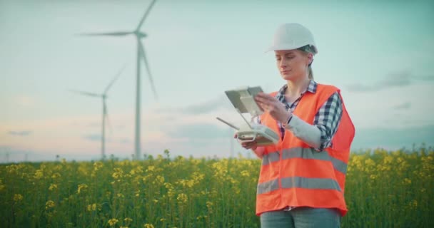 Portrait Ingénieur Travaillant Construction Parcs Éoliens Écologie Énergie Verte Concept — Video