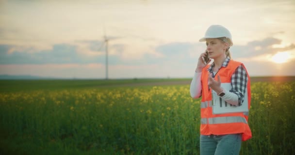 Retrato Del Ingeniero Trabajando Parque Eólico Construcción Energía Verde Ecología — Vídeos de Stock