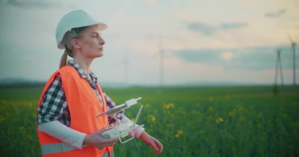 风力发电场建设中的工程师形象绿色能源生态概念无人机检测远程服务 — 图库视频影像
