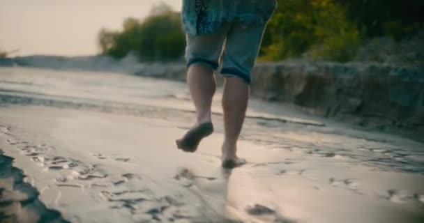 Concept Loneliness Man Walking Dry River Dry Earth Barefoot — Stock Video