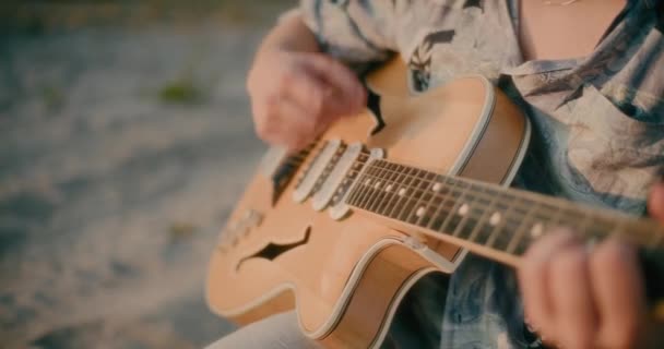 积极快乐的人在夏日黄昏时弹奏吉他 和谐与无忧无虑的意念 — 图库视频影像