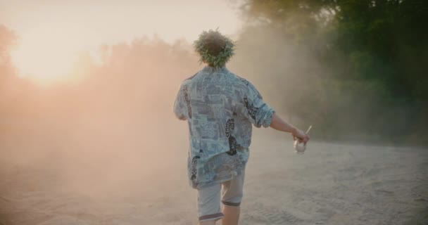 Portrait Hippie Man Posing Camera Moving Hands Doing Spiritual Dance — Stock Video