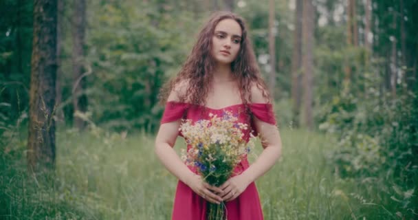Portrait Sad Melancholic Pensive Woman Posing Forest Embracing Authenticity — Stock Video