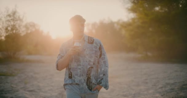 Portrait Positive Happy Man Drinking Yerba Mate Dusk Outdoors — Stock Video