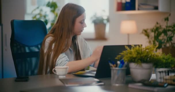 Разочарованная Молодая Деловая Женщина Рассыпает Бумагу Время Использования Ноутбука Офисе — стоковое видео