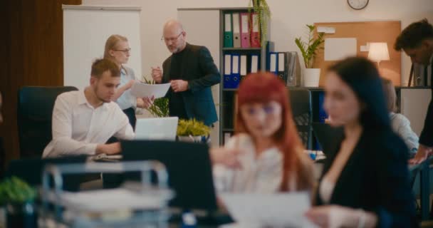 男性と女性の同僚は文書について話し合い 同僚はオフィスのデスクで働く — ストック動画
