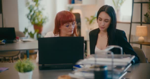 女性の同僚がオフィスのデスクで仕事をしながら文書について話し合う — ストック動画