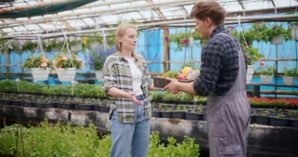 Zwolniony Ruch Rolnika Podającego Zebrane Warzywa Organiczne Koledze Podczas Pracy — Wideo stockowe