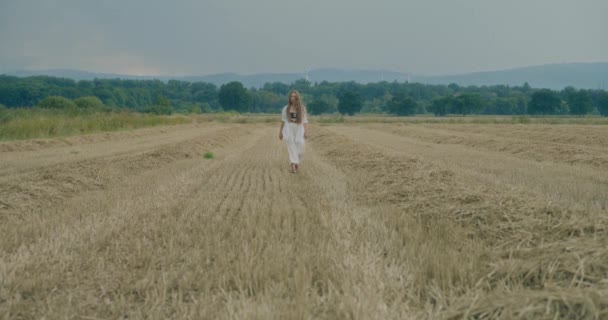 年轻女子在草地上与天空相对的慢动作镜头 — 图库视频影像