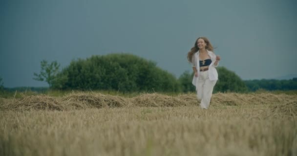快乐的年轻女子在草地上与天空作对时慢镜头 — 图库视频影像