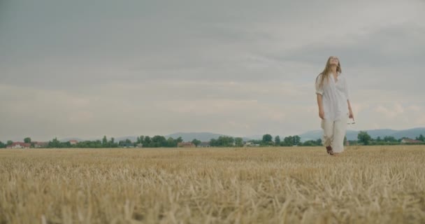 Slow Motion Shot Happy Blond Woman Strolling Grass Sky Field — Stock Video