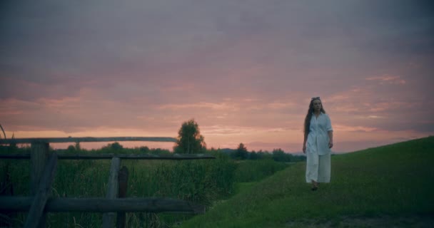 황혼에 하늘에 대하여 초원에서 잔디에 시간을 보내는 여자의 — 비디오