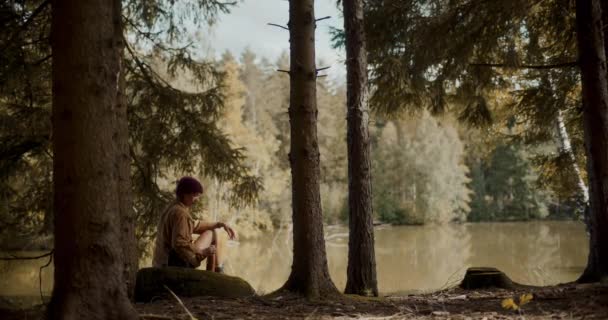 Turista Donna Seduta Roccia Vicino Lago Nella Foresta Durante Vacanze — Video Stock