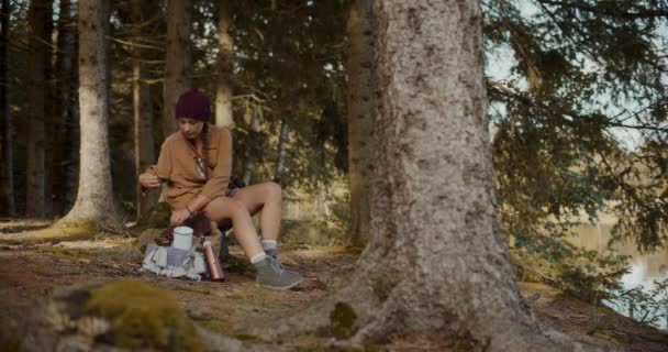 度假时带着咖啡杯坐在森林树桩上的女探险家 — 图库视频影像