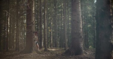 Yaz tatili boyunca ormanda ağaçların arasında gezen sırt çantalı genç bir kadın.