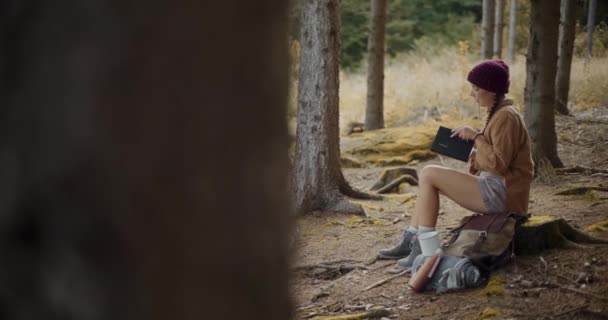 Ung Kvinna Läser Dagbok När Sitter Träd Stubbe Skogen Sommarlovet — Stockvideo