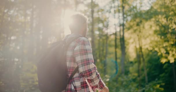 Молодой Турист Рюкзаком Биноклем Исследующий Лес Время Отпуска — стоковое видео
