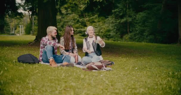 Gülümseyen Kadın Parkta Çimenlerde Otururken Arkadaşlarıyla Akıllı Telefondan Selfie Çekiyor — Stok video