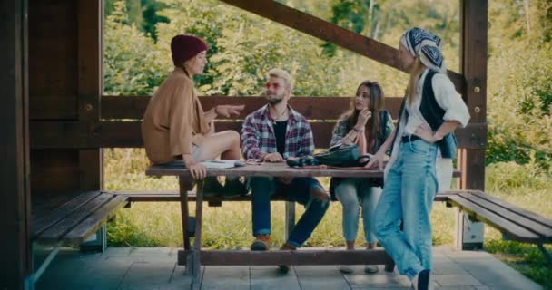 Férfi Női Barátok Beszélgetnek Miközben Padon Ülnek — Stock videók