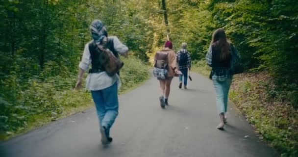 Беззаботные Исследователи Мужского Женского Пола Путешествуют Вместе Лесу — стоковое видео