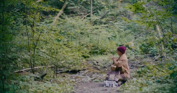 森の川の近くでクロウチングしながら伸びている若い女性の観光客 — ストック動画