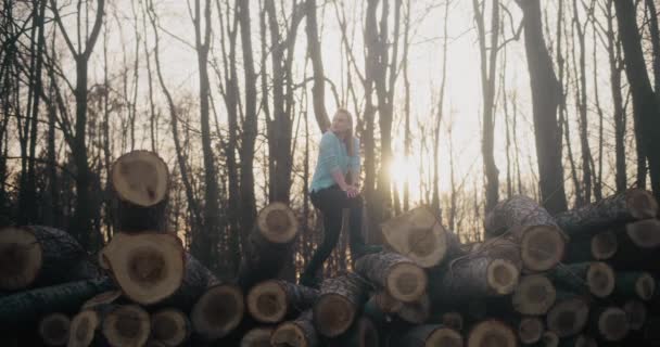 숲에서 나무에 로그에 탐험가 — 비디오