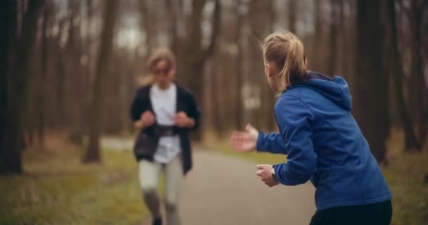 Giovane Donna Che Jogging Sul Posto Mentre Amica Femminile Motiva — Video Stock