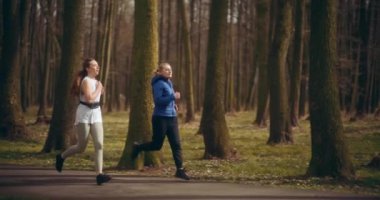 Aktif bayan arkadaşlar bahçede ağaçların altında egzersiz yaparken sokakta koşuyorlar.