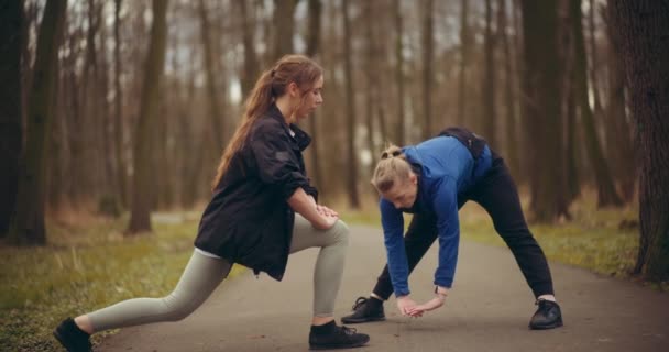 Toegewijde Jonge Sporters Oefenen Stretching Oefening Weg Het Park — Stockvideo