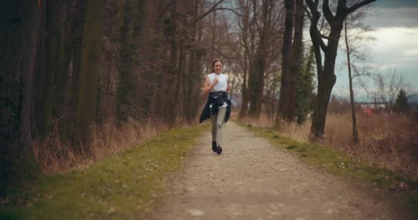 Dedicato Atleta Donna Che Jogging Mentre Allenamento Dagli Alberi Nel — Video Stock
