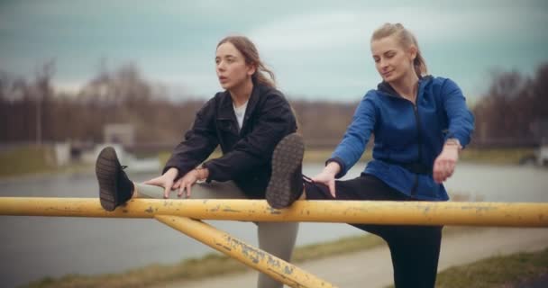 Entschlossene Junge Sportlerinnen Strecken Beim Aufwärmtraining Garten Die Beine Barren — Stockvideo