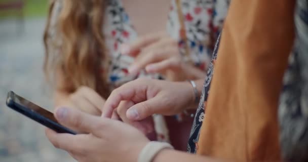 Bir Adamın Yürüme Yolunda Duran Kız Arkadaşının Akıllı Telefonunu Kullanmasının — Stok video