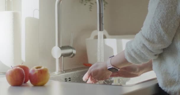 Femme Laver Les Mains Dans Évier Maison Fermer — Video