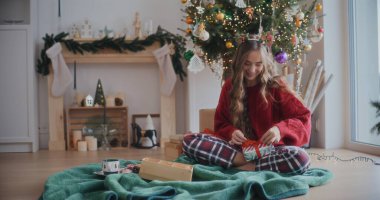 Noel Hediyesi Tutan Gülümseyen Kadın Noel Zamanı Hazırlanıyor