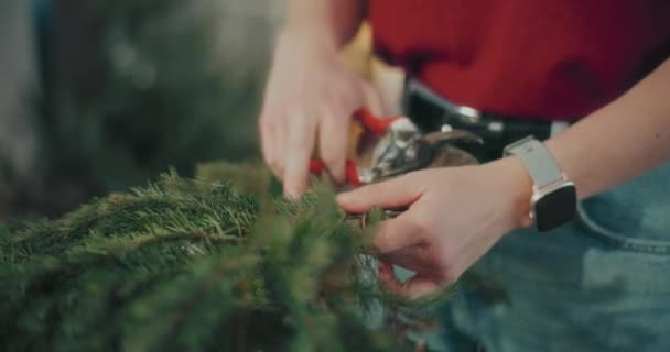 Vista Floristería Preparando Corona Tradicional Navidad Para Las Fiestas Navidad — Vídeo de stock