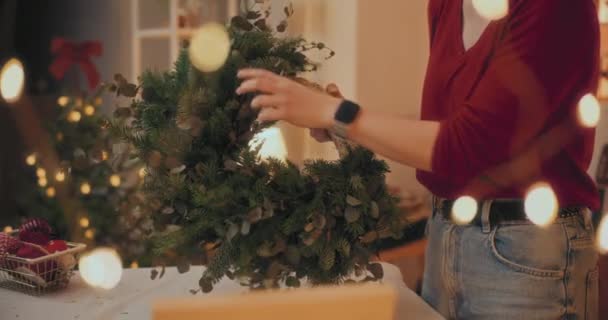 Woman Cutting Fir Branches Making Christmas Wreath Christmas Holidays Christmas — Stock Video